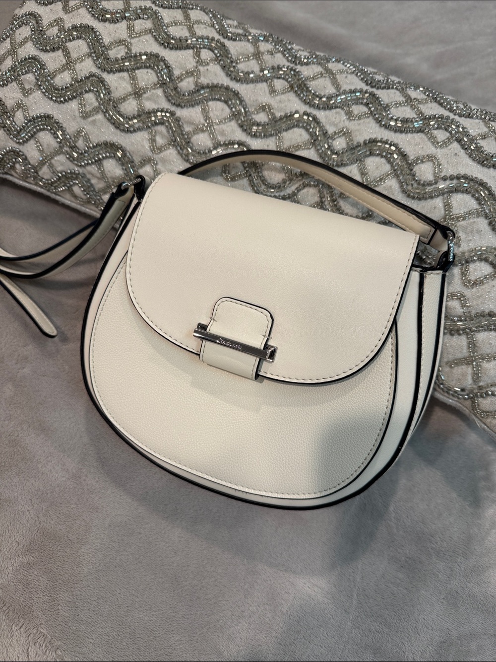 Calvin Klein White Saddle Crossbody Bag with Silver Hardware